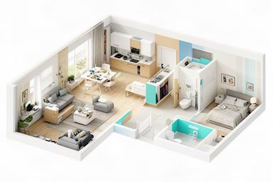 Bilocale da 55 metri quadrati con soggiorno, angolo cottura, camera, bagno accessibile e ripostiglio