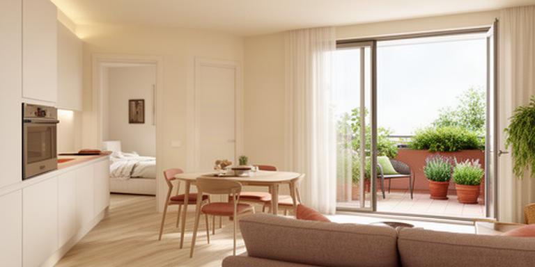 Render di un bilocale nuovo con cucina open space e terrazzo abitabile di 15 metri quadrati