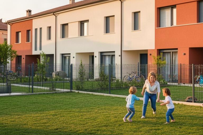 Famiglia con due bambini che gioca nel giardino recintato di una villetta a schiera vicino a Mantova