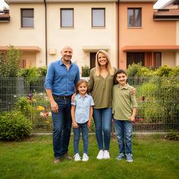 Famiglia Bianchi davanti alla propria villetta con giardino in un quartiere residenziale di Mantova