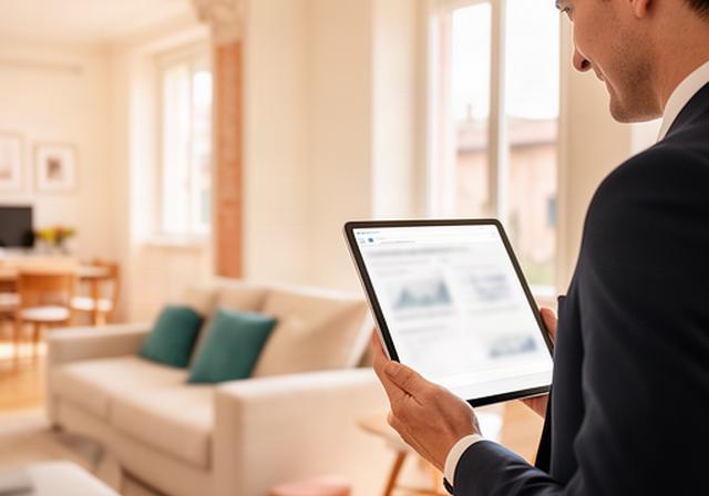 Professionista immobiliare che controlla un report su tablet in un appartamento luminoso a Mantova