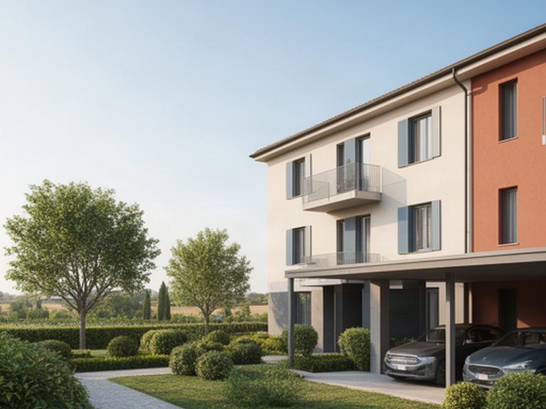 Piccolo condominio residenziale a Mantova con giardino curato, posti auto coperti e facciata contemporanea