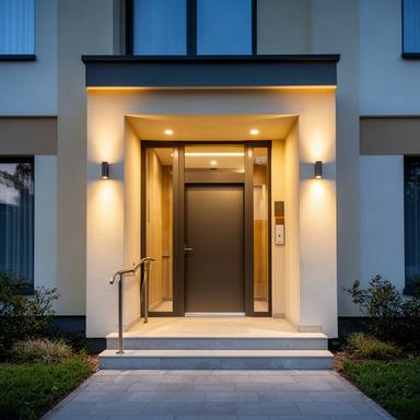 Ingresso moderno di un piccolo residence con ascensore e illuminazione calda a Mantova