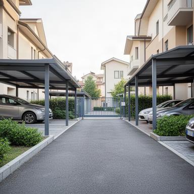 Posti auto coperti e accesso carrabile ordinato in un complesso residenziale mantovano