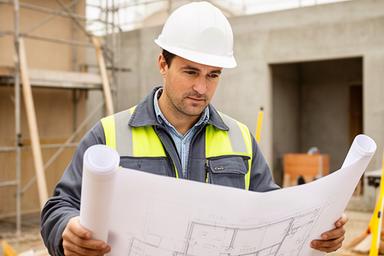 Professionista tecnico in cantiere residenziale a Mantova con planimetrie e casco