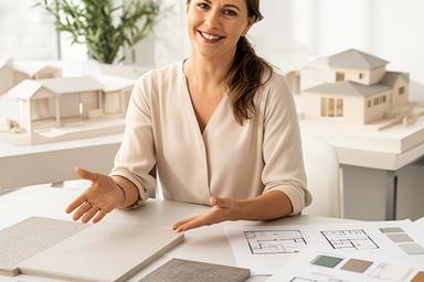 Consulente immobiliare in un ufficio luminoso di Mantova mentre presenta materiali di una nuova abitazione