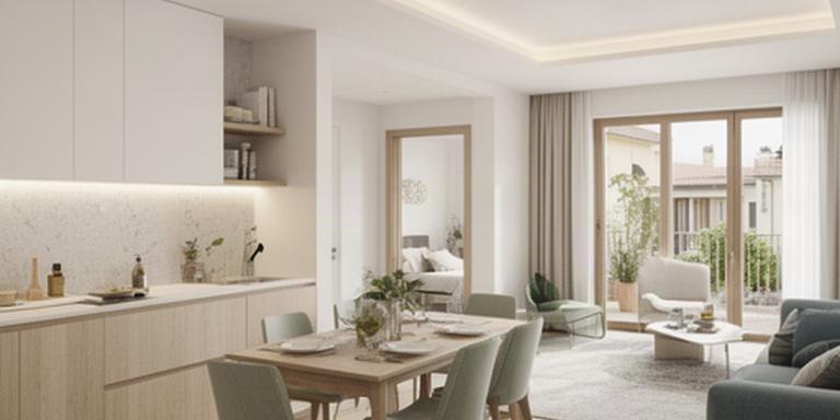 Interno di un trilocale moderno con cucina abitabile, soggiorno e due camere in un complesso residenziale mantovano